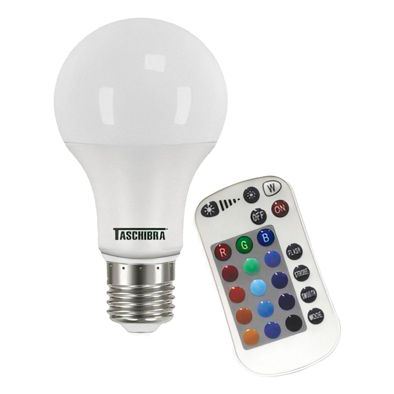 lampada led taschibra tkl rgb colorida com controle 9w bivolt e27 capa