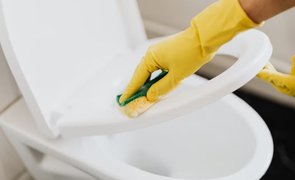 pessoa limpando assento sanitario